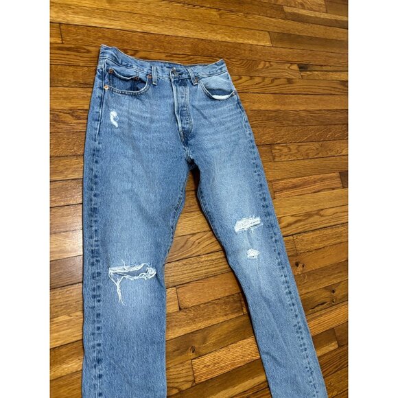 Levi's Womens 501S Skinny Jeans Sz 29 (29x32) Blue Distressed Denim Button Fly - Picture 2 of 9